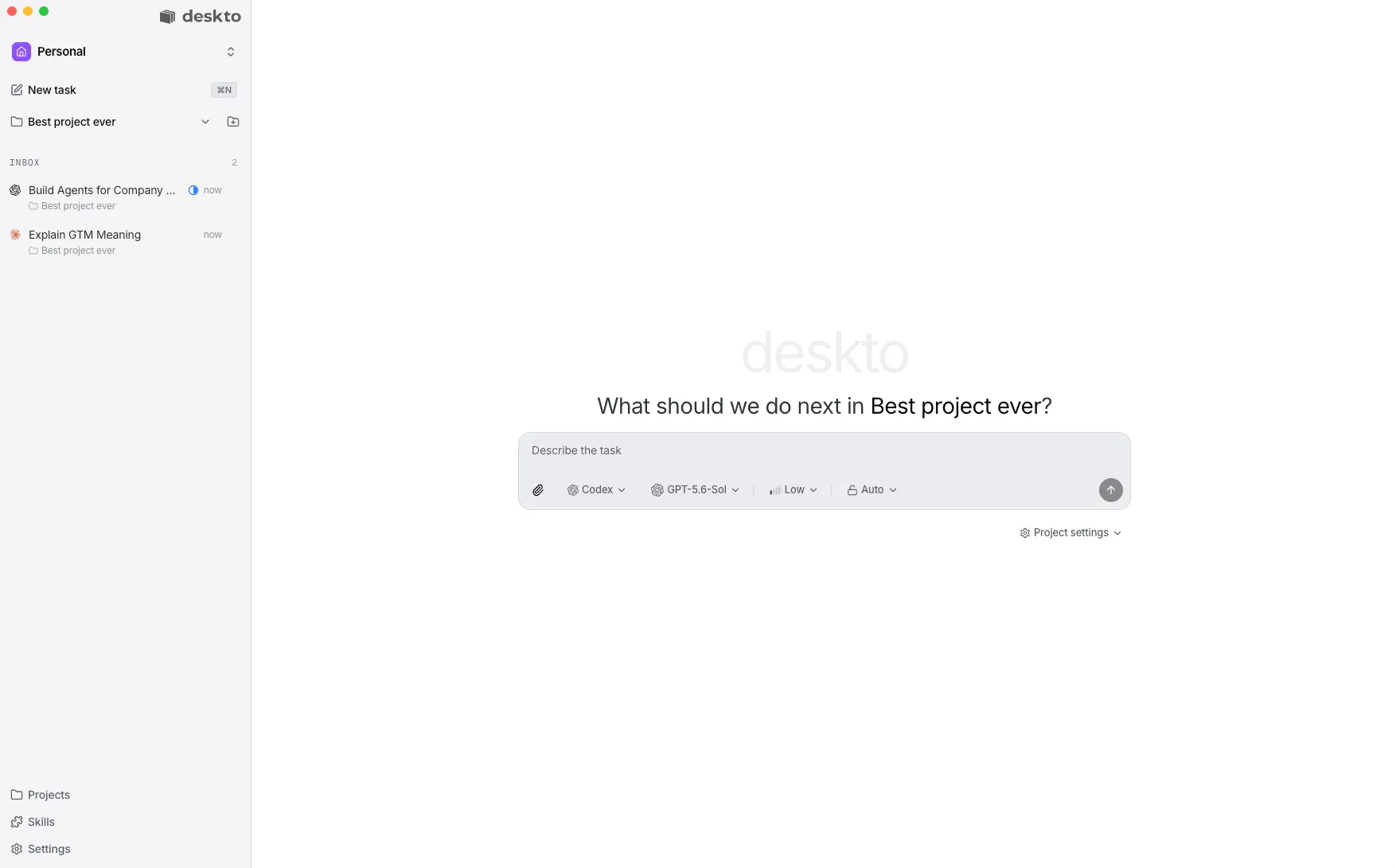 The Deskto window: a task inbox in the sidebar, a project asking what to do next in the center